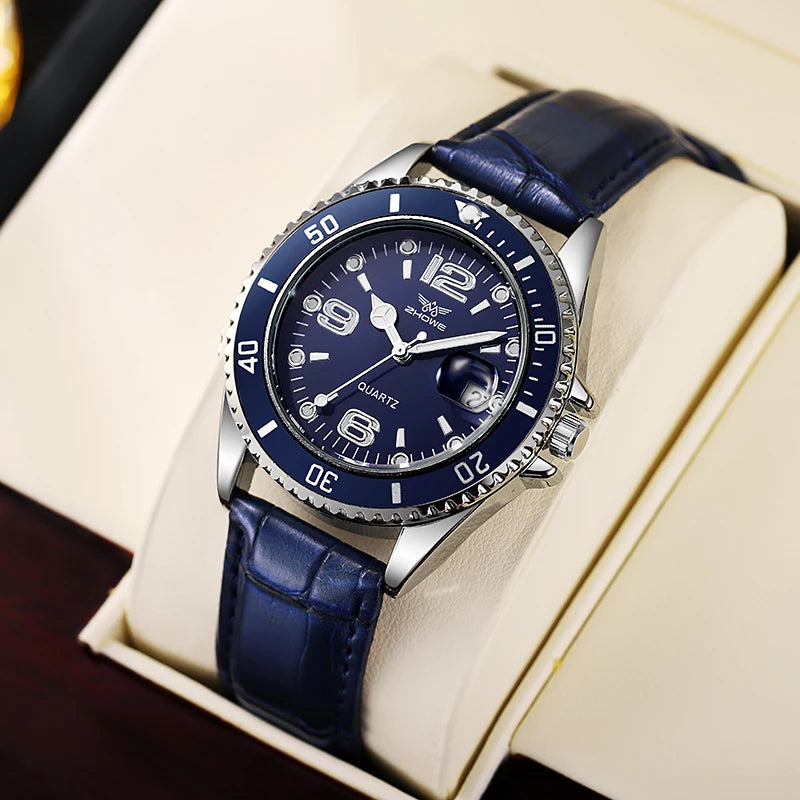Luxury Men’s Leather Strap Watch – Waterproof Quartz Wristwatch with Calendar Display