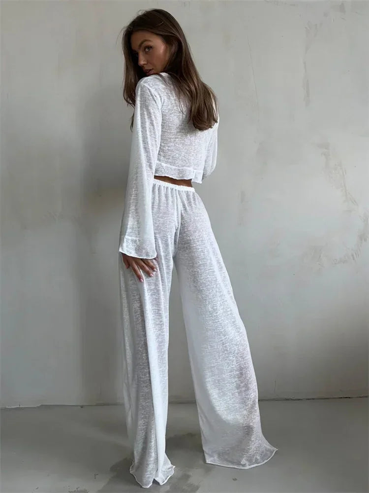 Women’s 2-Piece Fashion Set – V-Neck Lace-Up Long Sleeve Top & High-Waist Trousers | Casual Chic Outfit