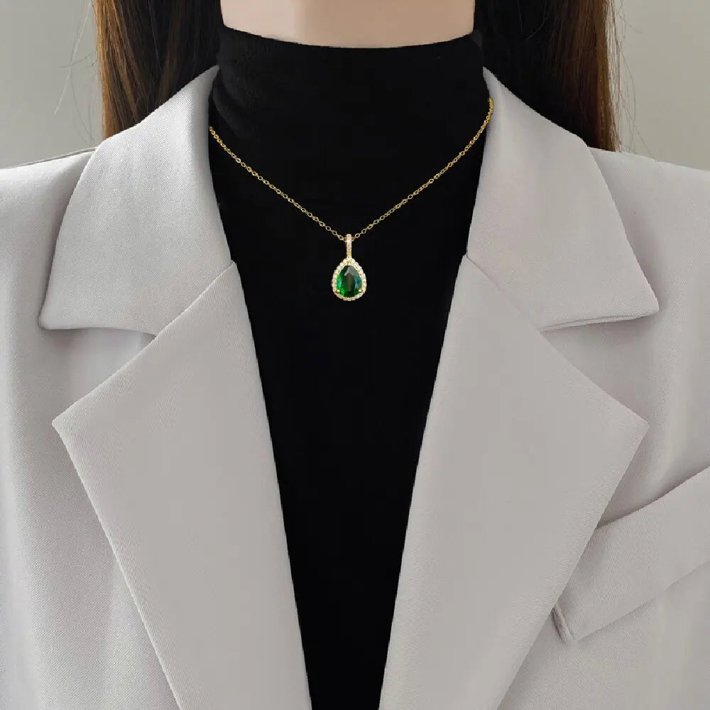 DIEYURO 316L Stainless Steel Green Water Droplet Zircon Pendant Necklace & Earrings Set – Trendy Jewelry Gift for Girls