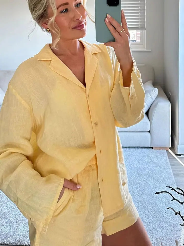 Women’s Casual Yellow 2-Piece Set – V-Neck Long Sleeve Top & Shorts Outfit for Spring/Summer 2025