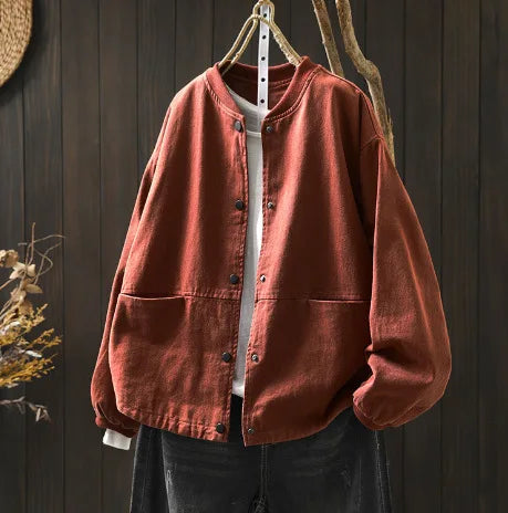 Women’s Casual Cotton Coat – 2025 Autumn Solid Color Loose Short Jacket with Double Pockets | Simple Everyday Style (T647)