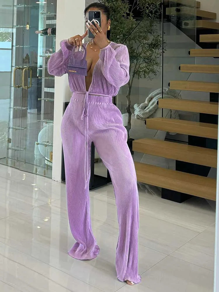 Women’s Casual 2-Piece Lounge Set – Draped Top & Elastic Wrap Pants | Fall Outfits Wholesale Dropshipping
