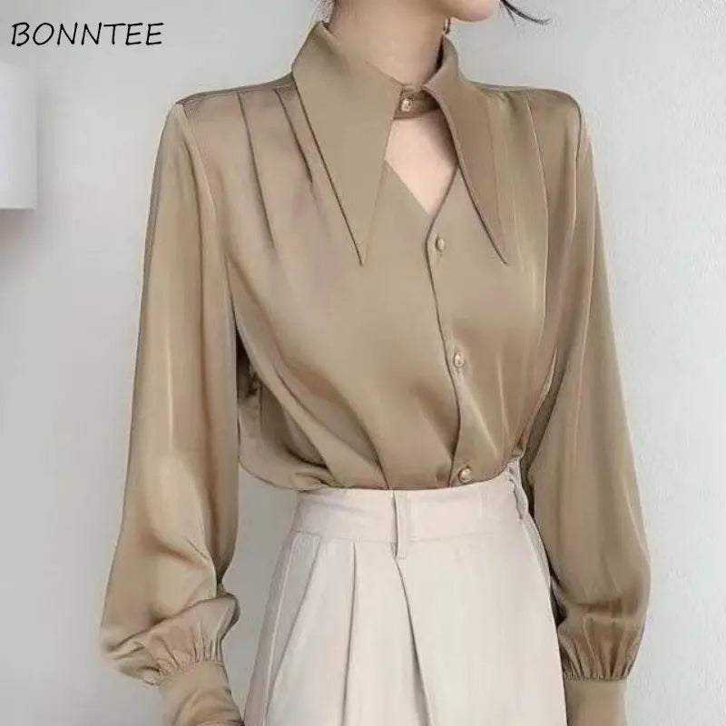 Women’s Casual V-Neck Hollow-Out Shirt – Soft Solid Blouse Retro European Style Streetwear Top