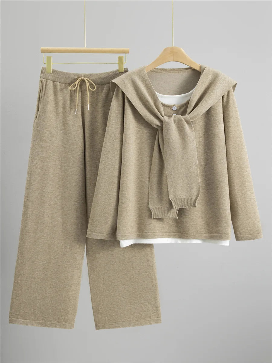 Women’s Casual Knitted 2-Piece Set – Korean Knitwear Sweater + Shawl + High Waist Pants | 2025 Fashion Outfit