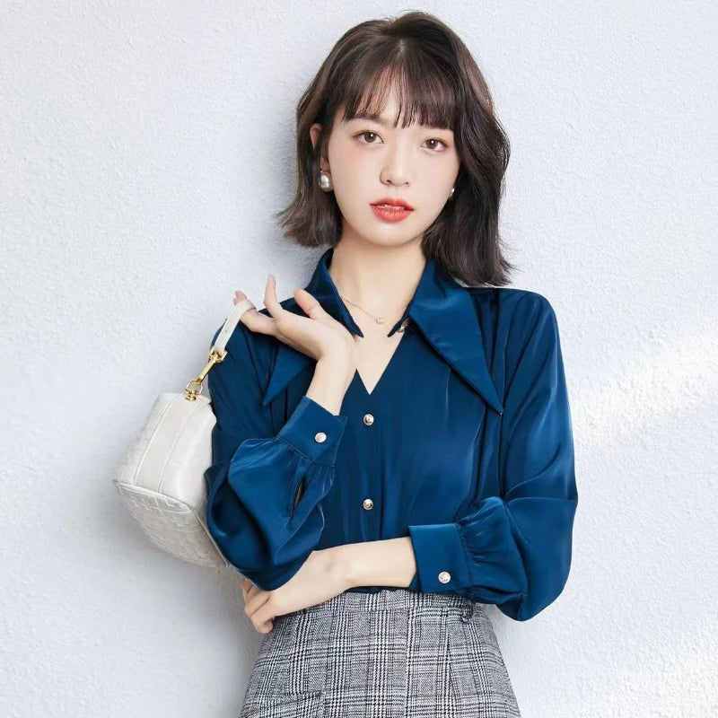 Women’s Casual V-Neck Hollow-Out Shirt – Soft Solid Blouse Retro European Style Streetwear Top