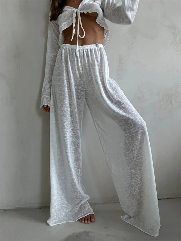 Women’s 2-Piece Fashion Set – V-Neck Lace-Up Long Sleeve Top & High-Waist Trousers | Casual Chic Outfit
