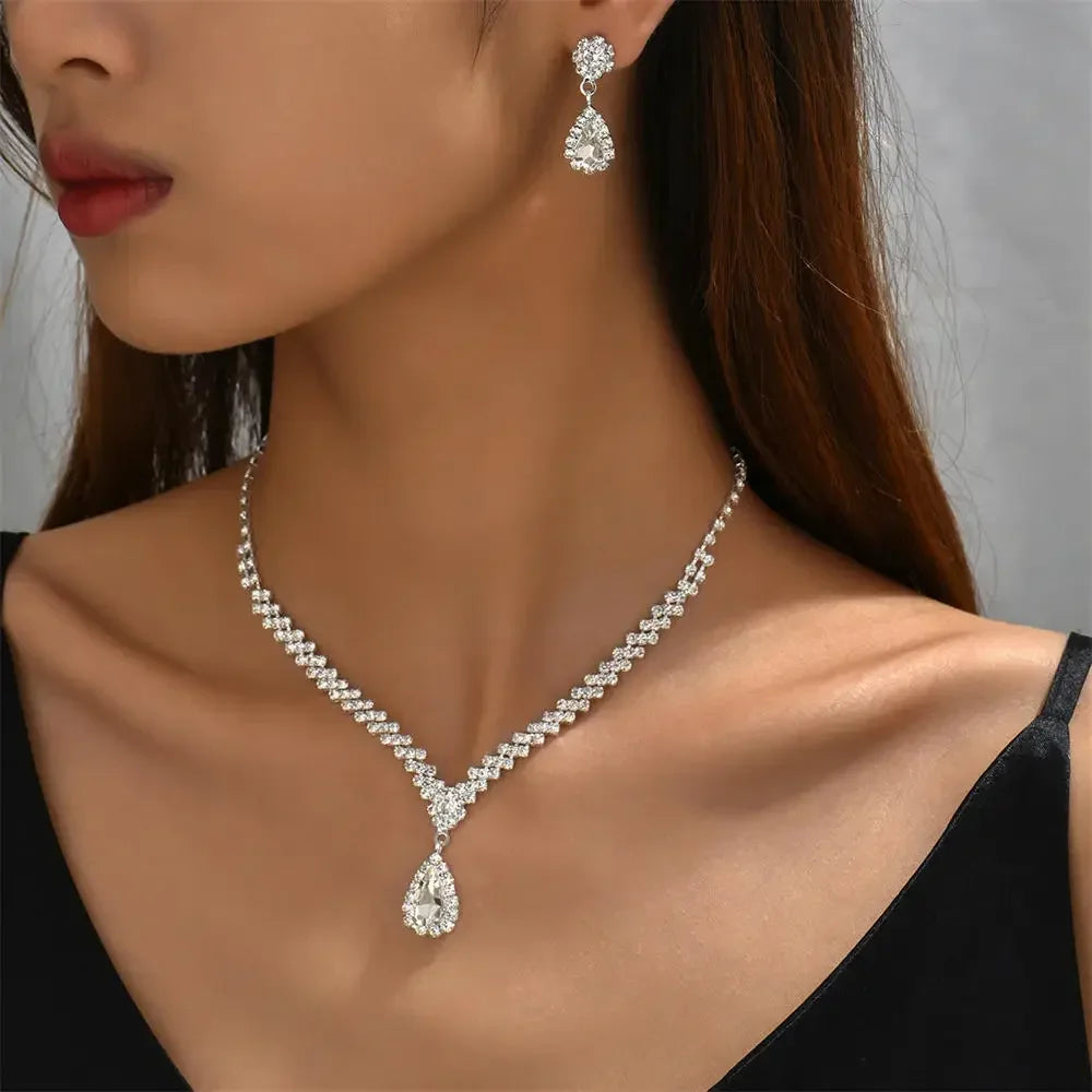 2pcs Elegant Waterdrop Rhinestone Jewelry Set – Women’s Wedding Bridal Necklace & Stud Earrings