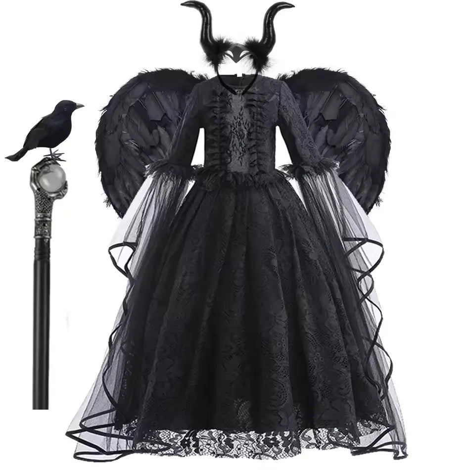 2025 Halloween Kids Evil Witch Costume – Maleficent-Inspired Black Tulle Dress for Fantasy Party & Cosplay