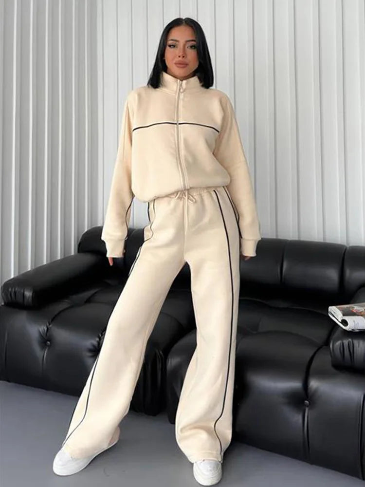 Women’s 2-Piece Tracksuit Set – Long Sleeve Half High Collar Cardigan Sweater & Trousers Casual Sportswear