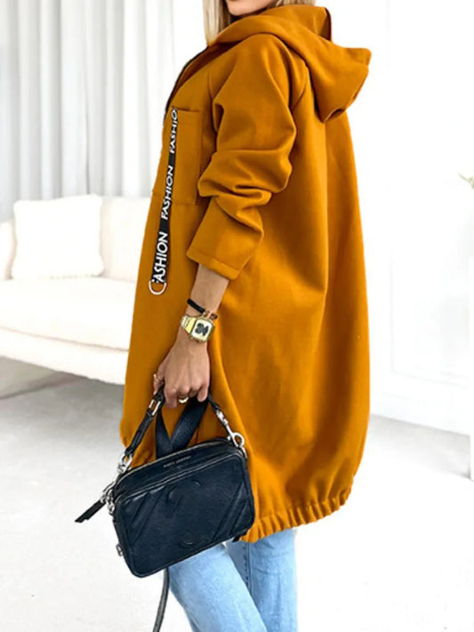 Women’s Casual Letter Printed Long Hoodie Jacket – Zipper Overcoat for Autumn & Winter | Sporty Streetwear Outerwear