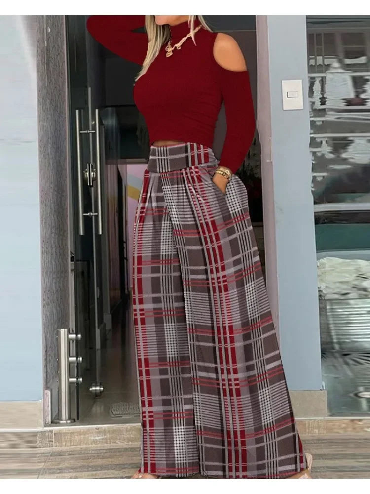 Casual Holiday Outfit for Women – Cold Shoulder Top & Plaid Wide Leg Pants Set | 2025 High Waist Two-Piece Suit