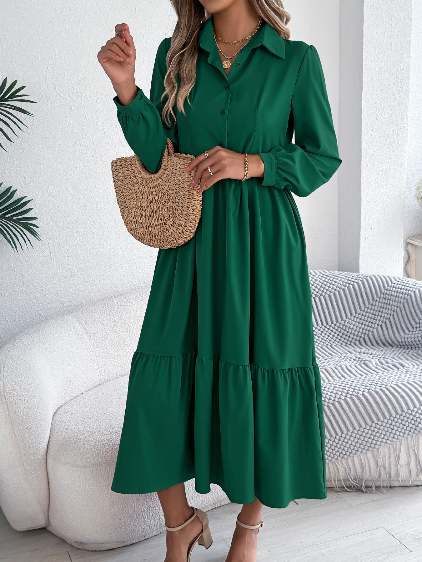 Women’s Casual Vacation Shirt Dress – Long Sleeve Turn-Down Collar Single-Breasted Spring & Autumn Dress