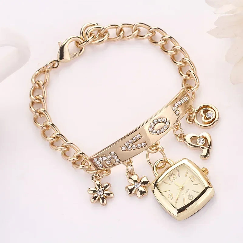 Women’s Rhinestone Chain Bracelet Watch – Letter Design Flower Pendant Dress Wristwatch Gift Zegarek Damski