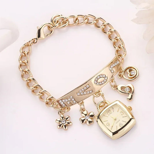 Womenโs Rhinestone Chain Bracelet Watch โ Letter Design Flower Pendant Dress Wristwatch Gift Zegarek Damski