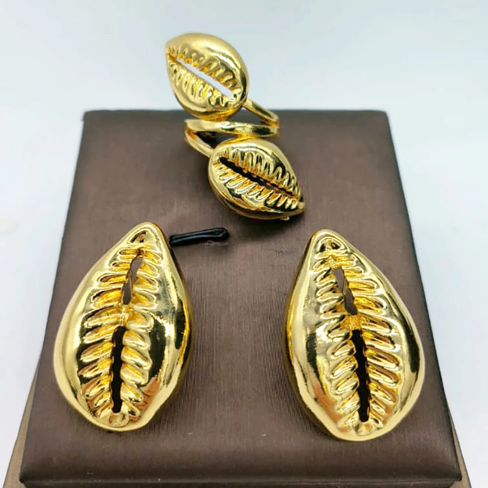 Dubai 18K Gold Plated Jewelry Set – Elegant Earrings & Ring for Women, Arabic Nigerian Bridal Wedding Accessories