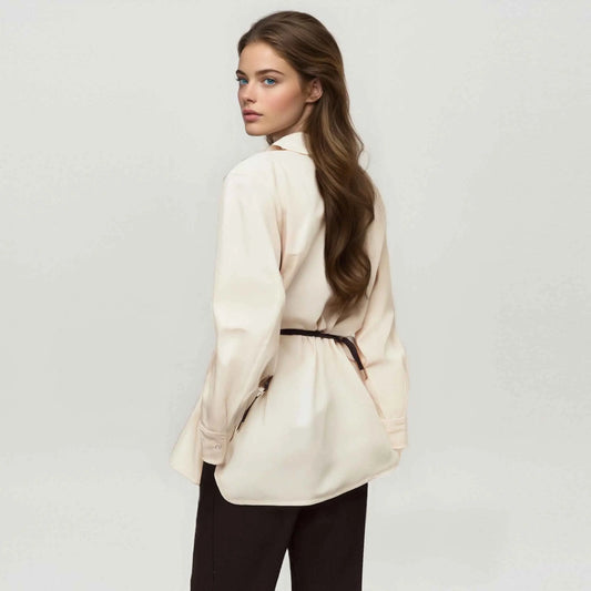 Women’s Elegant Embroidered Shirt – V-Neck Long Sleeve Casual Top with Belt Decoration | Fashion Office Wear