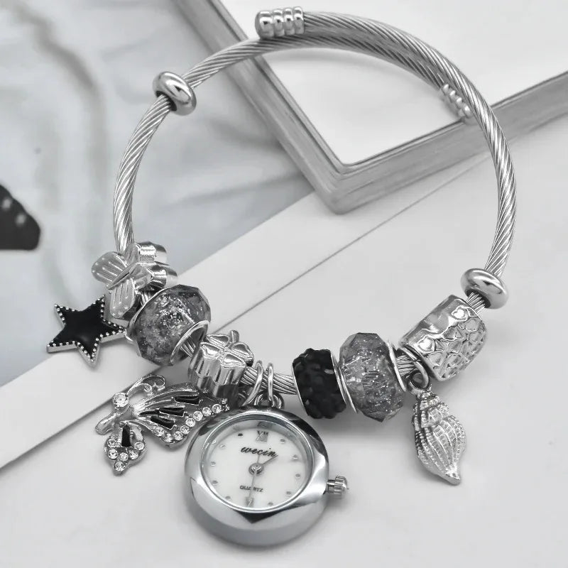 Women’s Love Bracelet Quartz Watch – Stylish Round Silver Casual Fashion Jewelry Gift