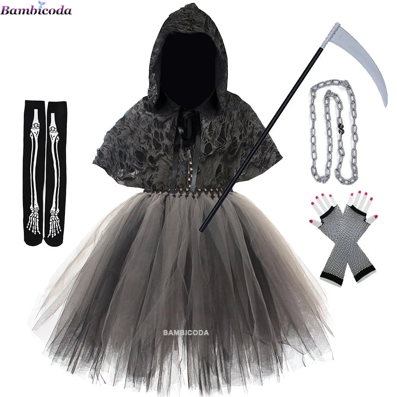2025 Halloween Girls Demon & Death Costume – Medieval Hooded Cloak for Horror Cosplay and Party Fancy DressHalloween, Girls Costume, Demon Costume, Death Costume, Horror Costume