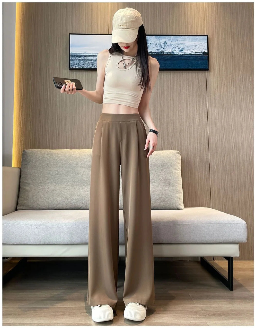 High-Waist Black Wide-Leg Pants for Women – Elegant Straight-Leg Loose Suit Trousers with Pendant Detail
