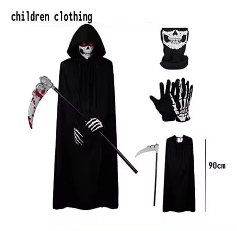 2025 Halloween Grim Reaper Cosplay Costume – Terrifying Skeleton Outfit for Kids & Adults with Ghost Robe and Sickle
