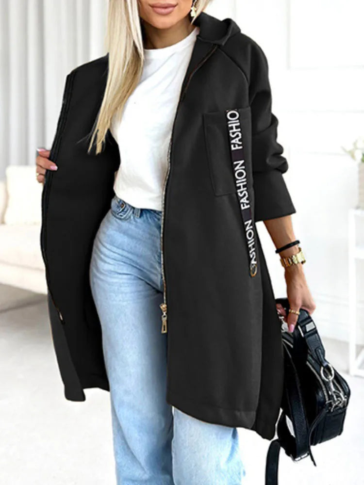 Women’s Casual Letter Printed Long Hoodie Jacket – Zipper Overcoat for Autumn & Winter | Sporty Streetwear Outerwear