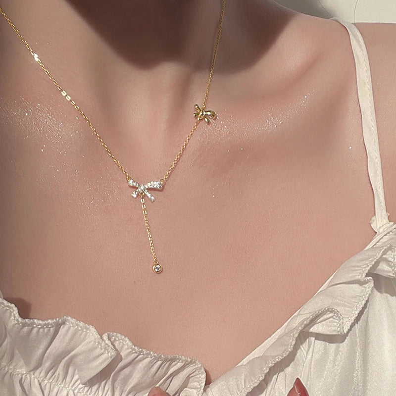 Elegant Zircon Crystal Bow Pendant Necklace – Exquisite Bowknot Tassel Clavicle Chain Jewelry Gift for Women