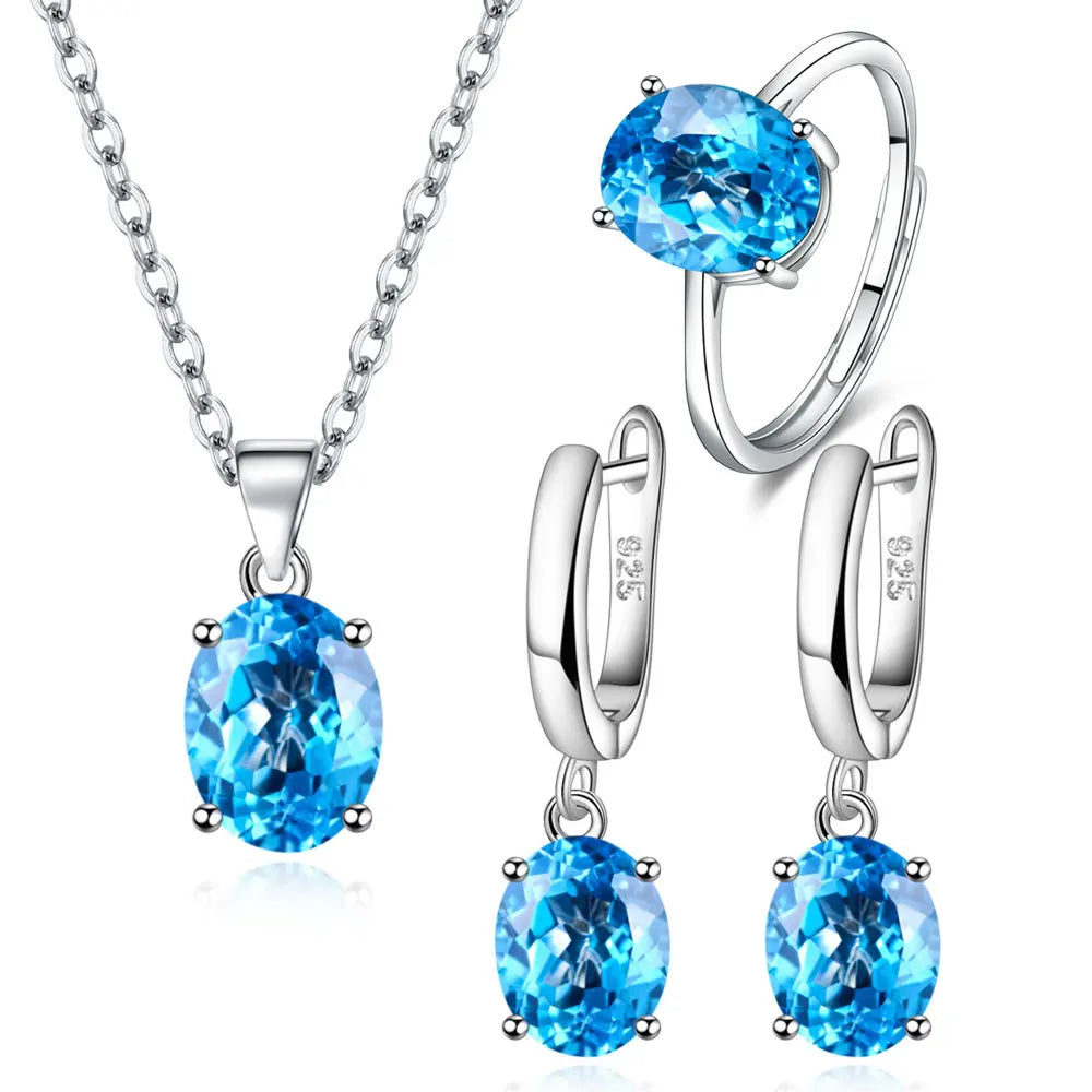 925 Sterling Silver Women’s Jewelry Set – Elegant Ellipse Zircon Ring, Necklace & Earrings