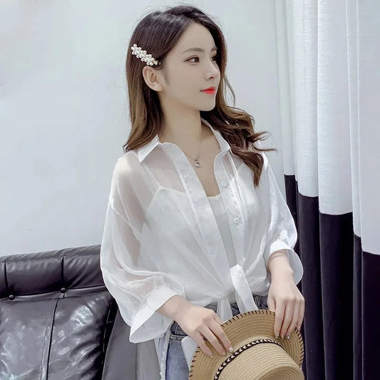 Women’s Casual White Chiffon Blouse – Hollow Bat Half Sleeve with Tied Waist & Buttons | Summer Elegant Top