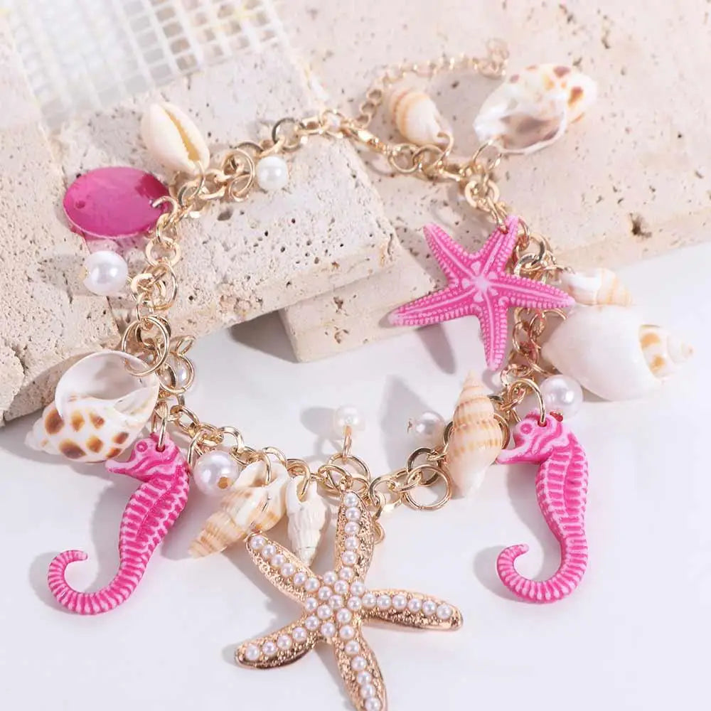Bohemian Sea Shell & Starfish Bracelet – Imitation Pearl Beaded Adjustable Beach Jewelry for Women