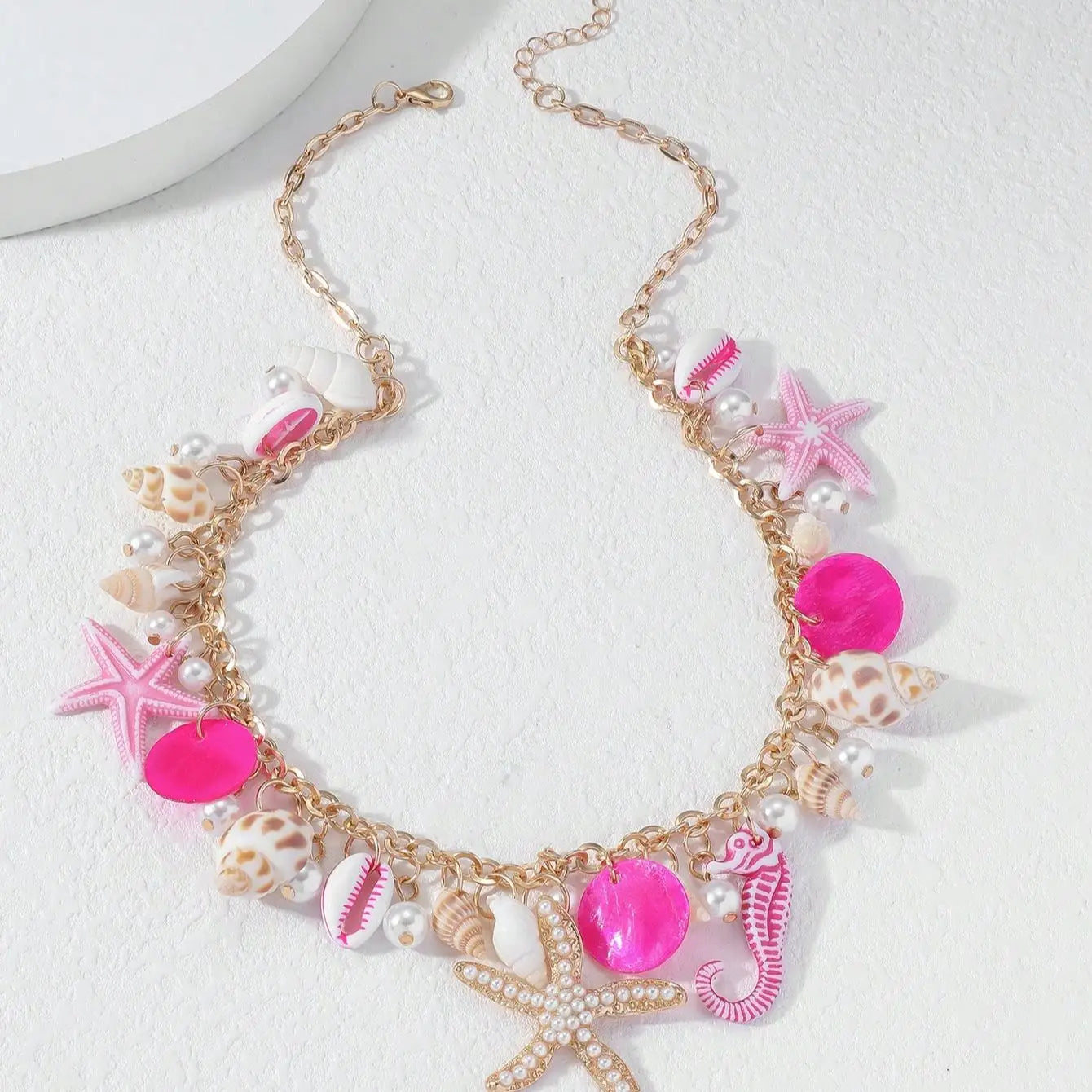Bohemian Sea Star & Seahorse Pendant Necklace – Pearl Shell Seaside Resort Jewelry for Women