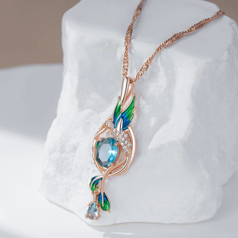 Kinel Colorful Enamel Peacock Pendant Necklace – 585 Rose Gold Color with Blue Zircon, Elegant Daily Jewelry for Women