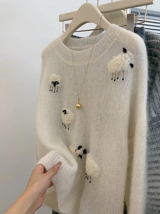 Women’s White Knit Sweater – Cute Animal Woolen Pullover | 2025 Autumn Winter Korean Fashion