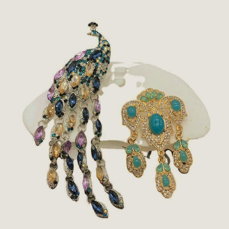 Peacock Phoenix Crown Tassel Brooch – Elegant Colorful Blue Gemstone & Rhinestone Pin Jewelry