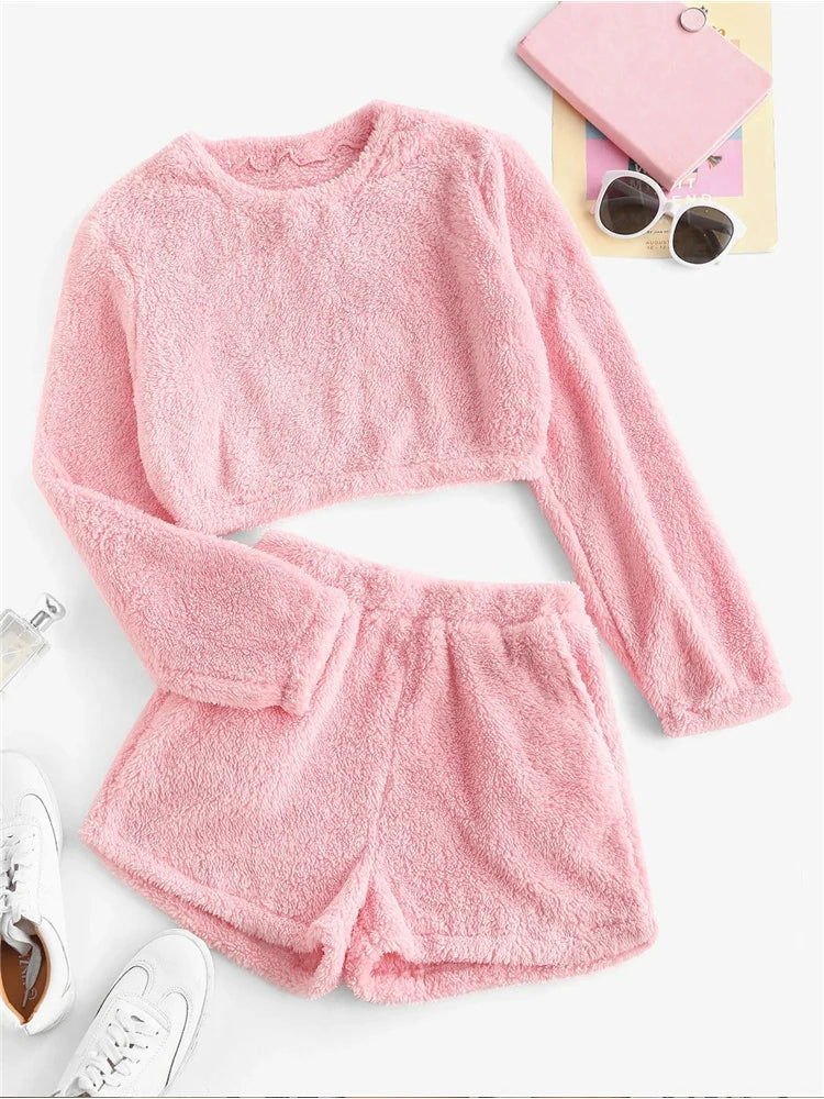 Women’s Pink Plush 2-Piece Tracksuit – Round Neck Sweatshirt & Shorts Set | Casual Home & Lounge Wear