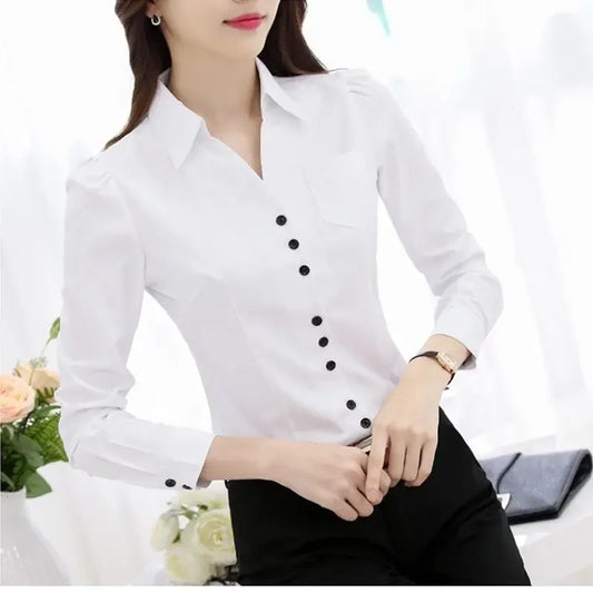 Women’s White Chiffon Blouse – Long Sleeve V-Neck Formal Shirt for Autumn
