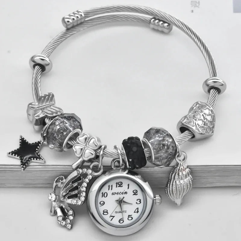 Women’s Love Bracelet Quartz Watch – Stylish Round Silver Casual Fashion Jewelry Gift
