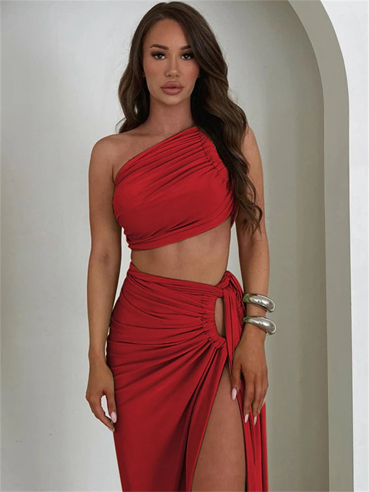 Ladies Summer 2-Piece Set – Sleeveless Backless Crop Top & Side-Slit Slim Long Skirt for Evening, Party, Club, and Streetwear