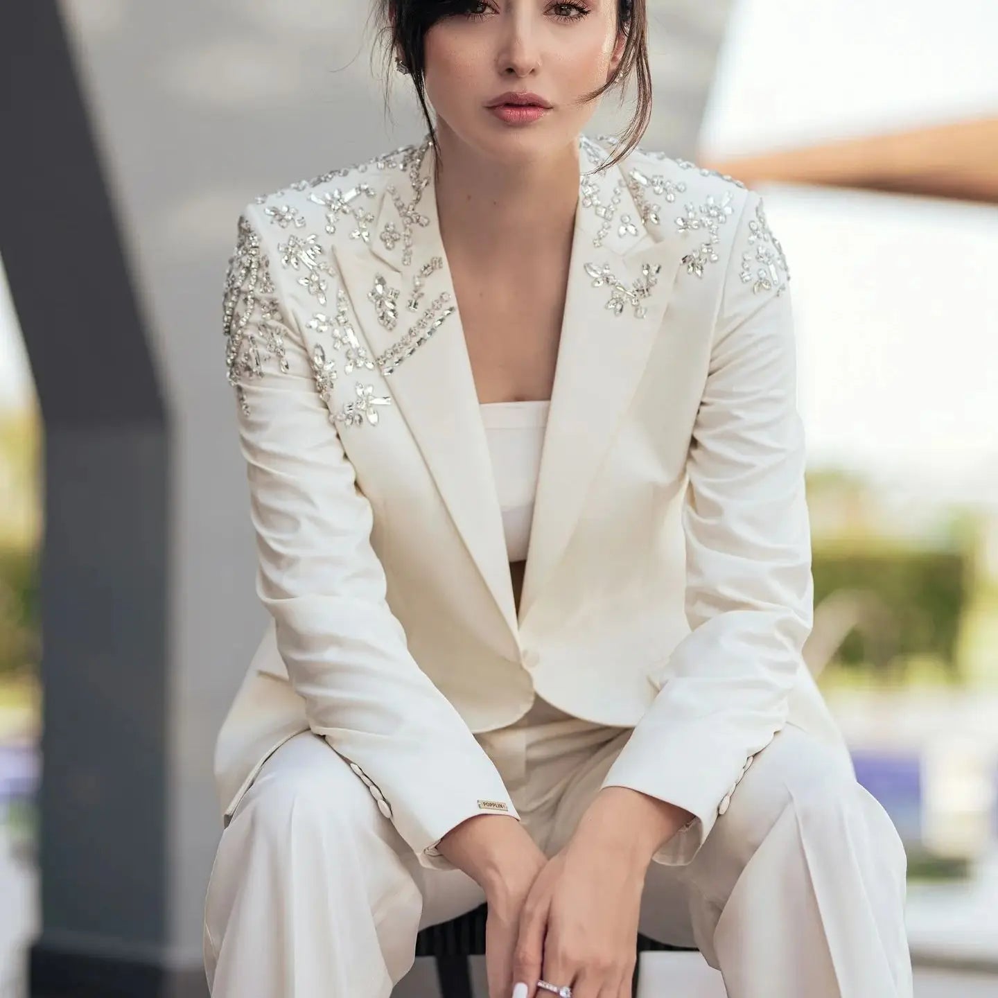 Women’s Elegant Formal Suit Set – Beaded Peaked Lapel Jacket & Pants 2-Piece Evening Outfit