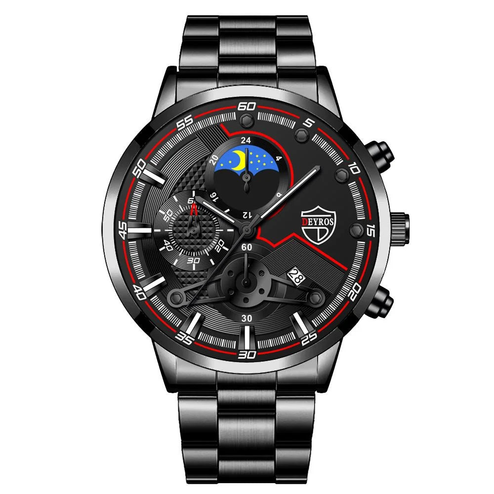 Men’s Luxury 3-Piece Stainless Steel Quartz Watch – Business & Sport Full Calendar Wristwatch