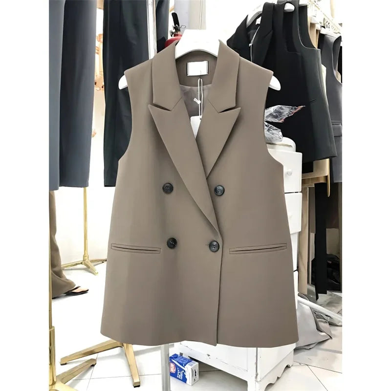 Women’s Sleeveless Black Blazer Vest – Peak Lapel Oversize Suit Coat | 2025 Elegant Korean OL Style Fashion Blazer