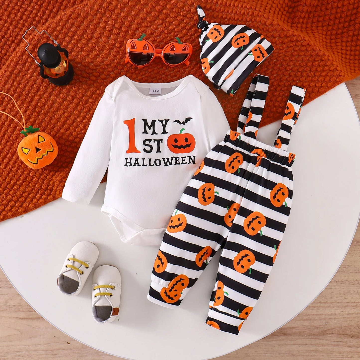 Ceeniu My First Halloween Baby Outfit – Boys Long Sleeve Letter Romper with Suspender Pants & Hat, Newborn Costume