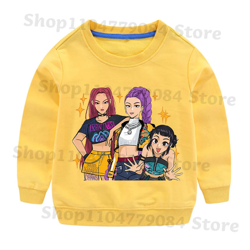 K-pop Demon Hunters Round-Neck Sweatshirt – Cute Anime Cartoon Hoodie for Children, Boys & Girls, Spring & Autumn Sport Fashion