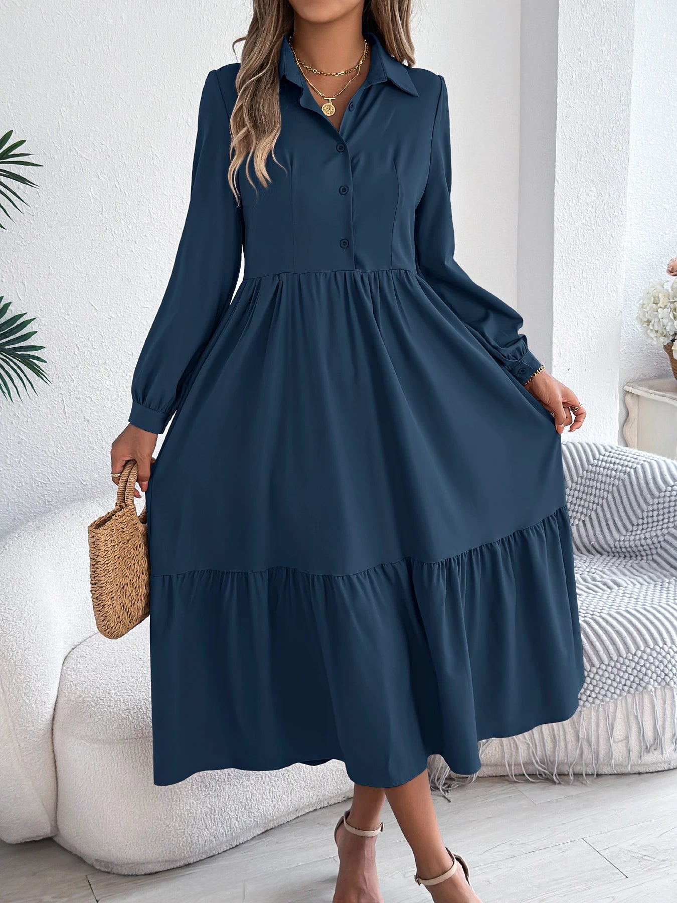 Women’s Casual Vacation Shirt Dress – Long Sleeve Turn-Down Collar Single-Breasted Spring & Autumn Dress