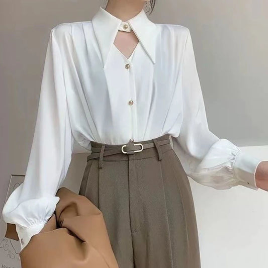 Women’s Casual V-Neck Hollow-Out Shirt – Soft Solid Blouse Retro European Style Streetwear Top