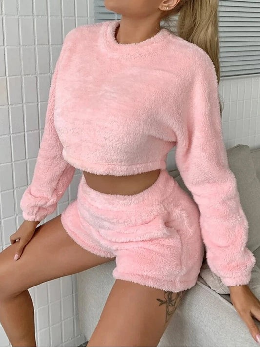 Women’s Pink Plush 2-Piece Tracksuit – Round Neck Sweatshirt & Shorts Set | Casual Home & Lounge Wear