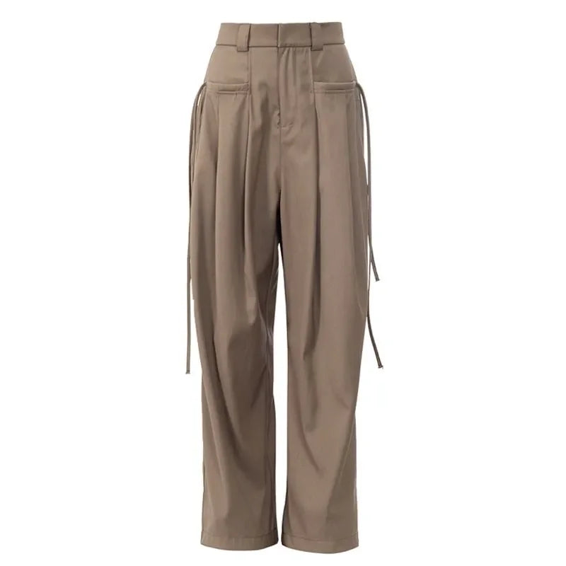 Women’s High-Waist Strap Design Wide-Leg Pants – Casual Loose Slimming Trousers for Spring & Autumn