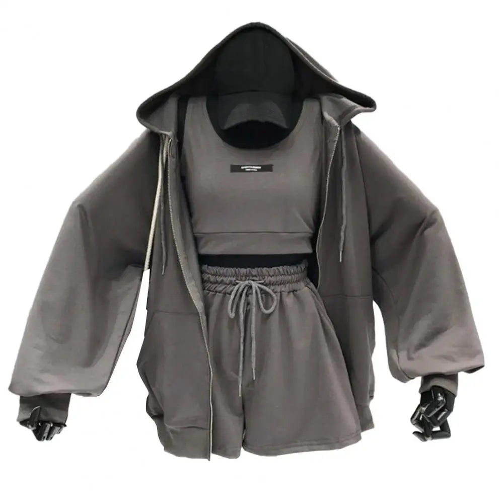 Women’s 3-Piece Casual Activewear Set – Hoodie, Drawstring Shorts & Vest | Sportswear & Lounge Outfit