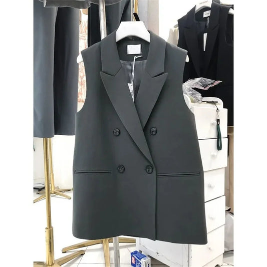 Women’s Sleeveless Black Blazer Vest – Peak Lapel Oversize Suit Coat | 2025 Elegant Korean OL Style Fashion Blazer