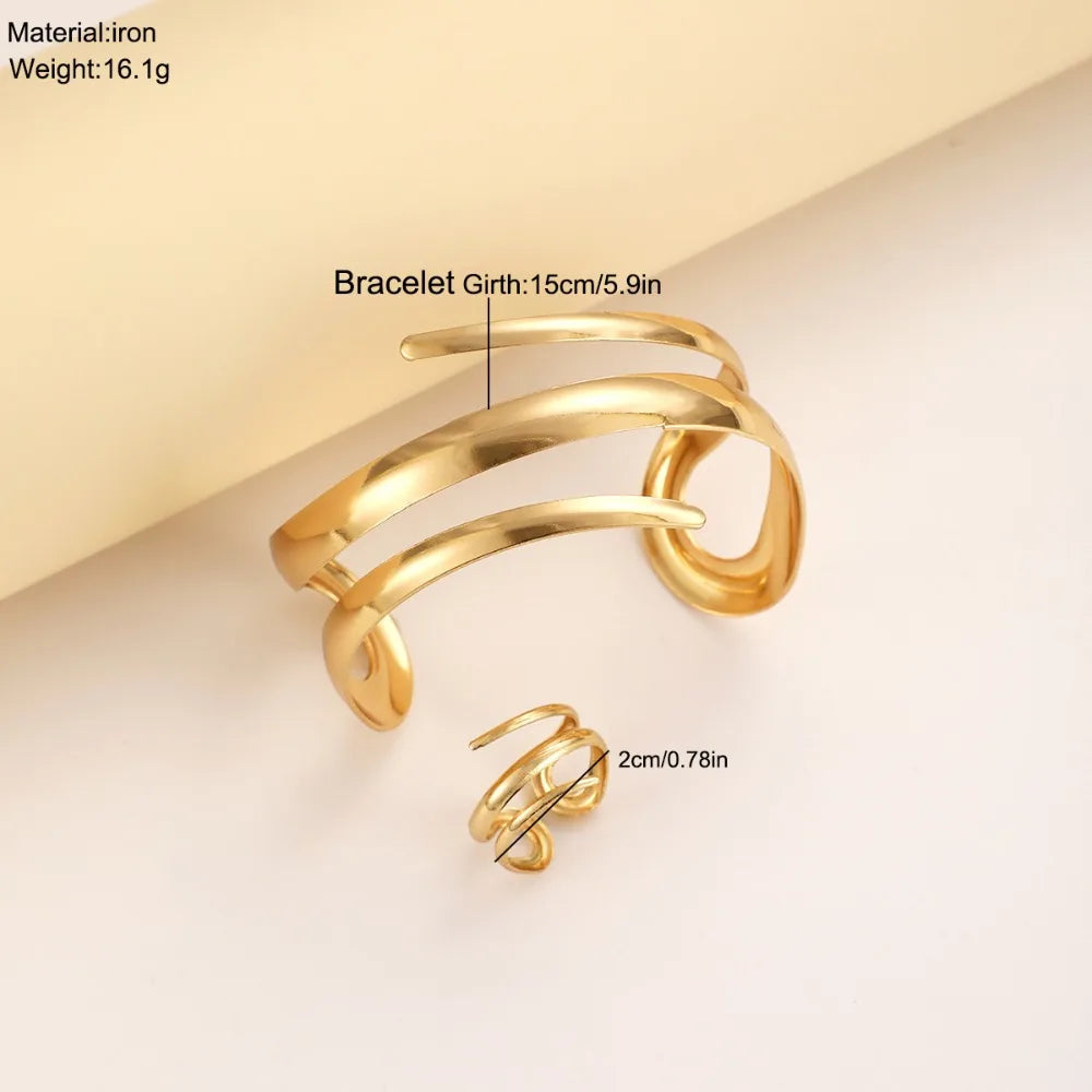 European & American Gold Geometric Jewelry Set – Thick Bracelet and Ring Combination for Women, Fashion Gift