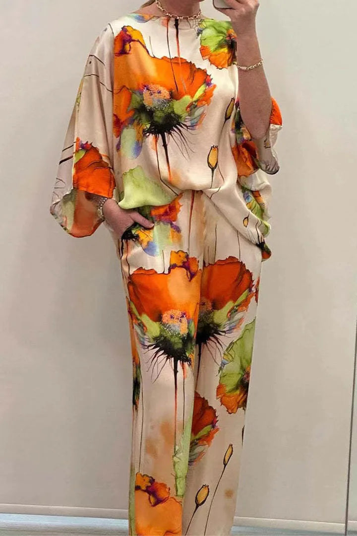 Women’s Satin Two-Piece Set – Summer Printed Round Neck Top & Wide-Leg Pants | Elegant Casual Fashion Outfit 2025